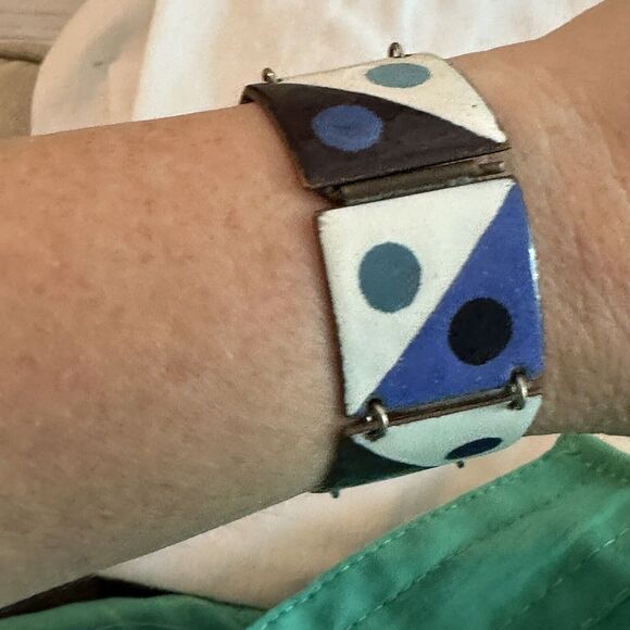 Rare Harold Balazs Blues & Black Dot enamel on copper 6 Link bracelet Signature - Picture 1 of 11